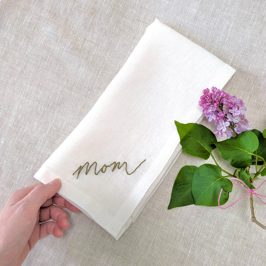 Ivory linen napkin with Mom hand embroidered in your handwriting