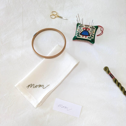 Ivory linen napkin with Mom hand embroidered in your handwriting