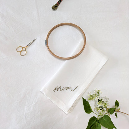 Ivory linen napkin with Mom hand embroidered in your handwriting