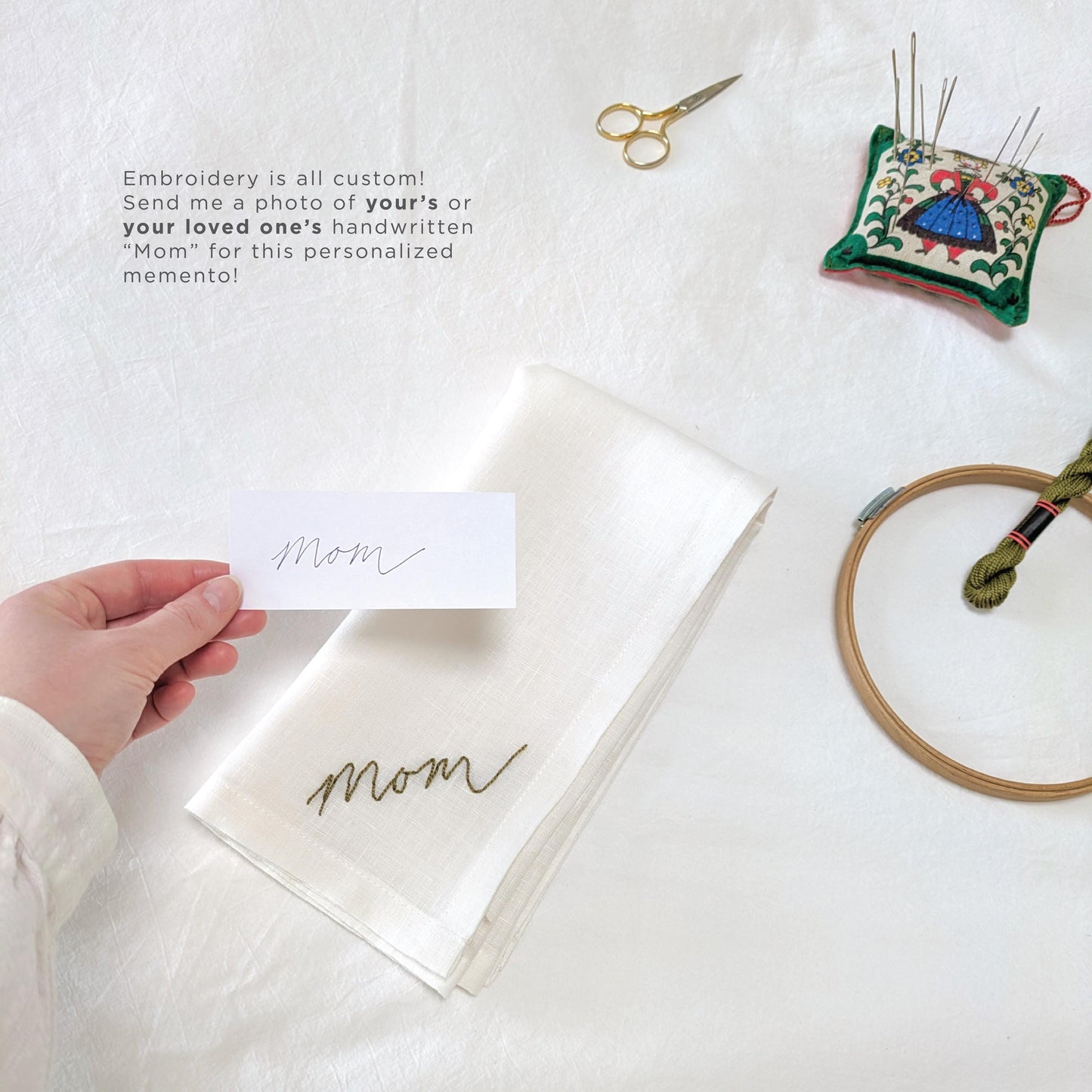 Ivory linen napkin with Mom hand embroidered in your handwriting