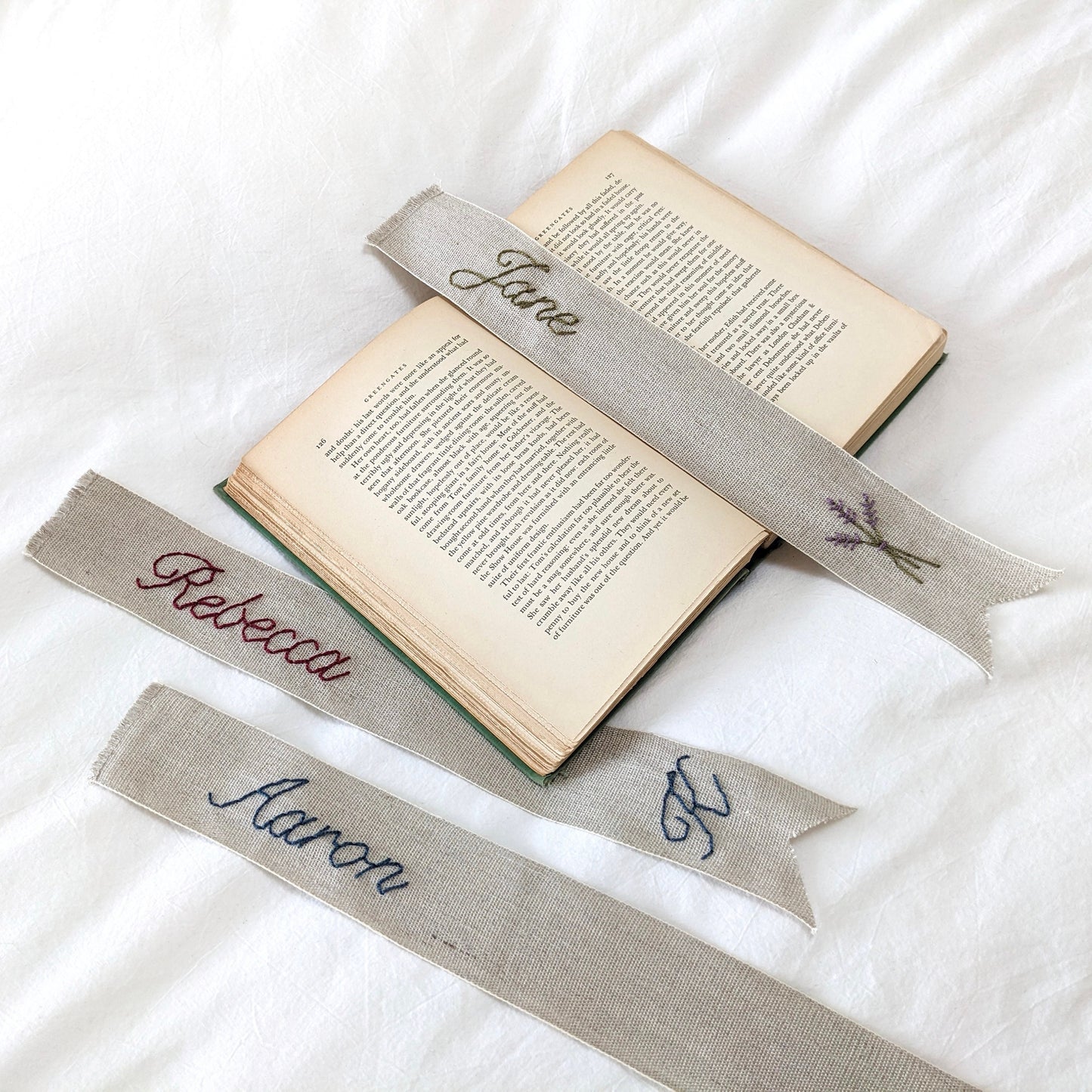 Hand embroidered linen ribbon bookmark with personalized name