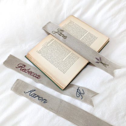 Hand embroidered linen ribbon bookmark with personalized name