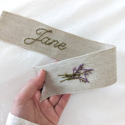 Hand embroidered linen ribbon bookmark with personalized name