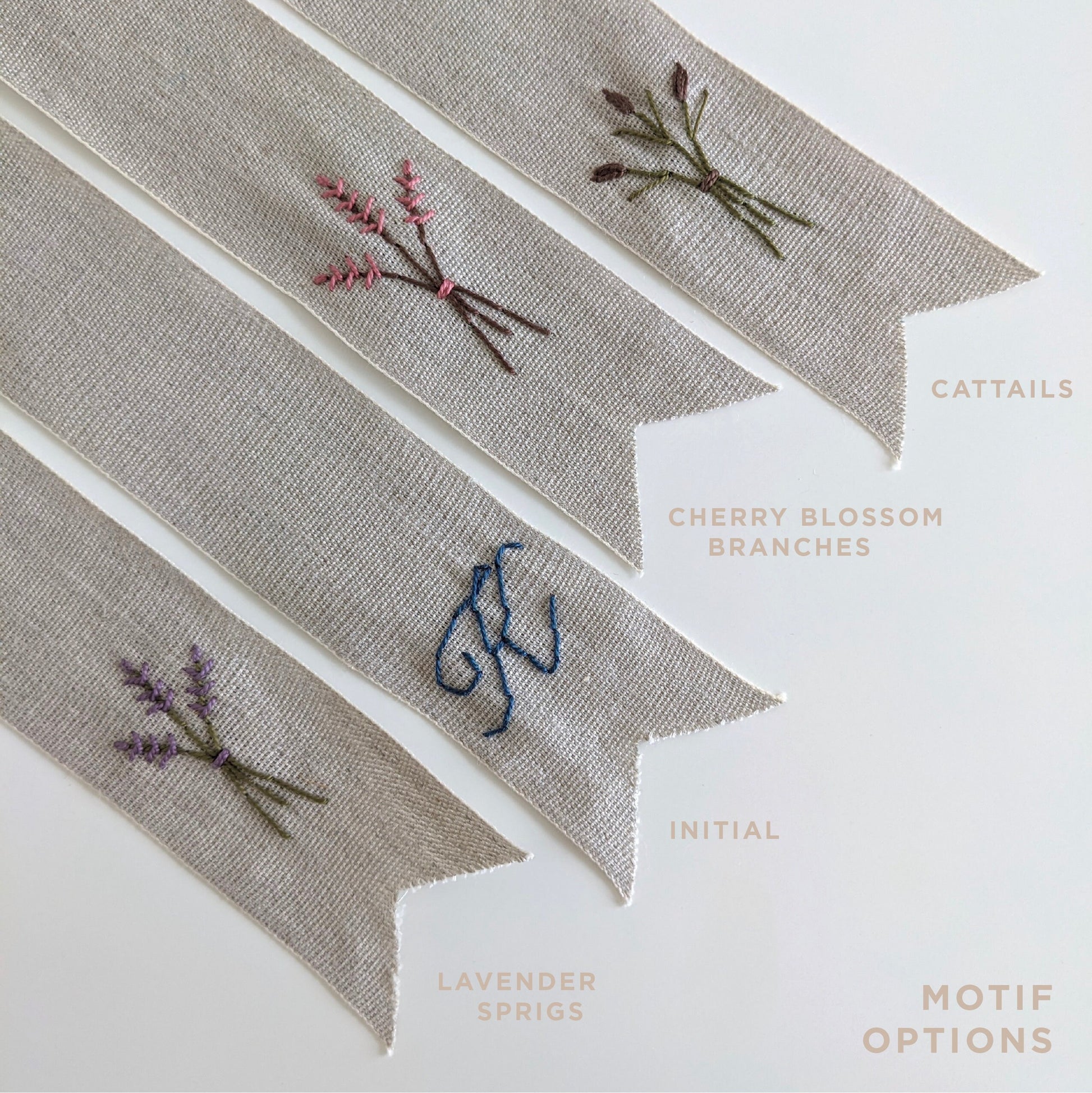 Hand embroidered linen ribbon bookmark with custom name and lavender, initial monogram, cherry blossom branches, or cattails