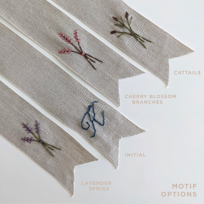 Hand embroidered linen ribbon bookmark with custom name and lavender, initial monogram, cherry blossom branches, or cattails