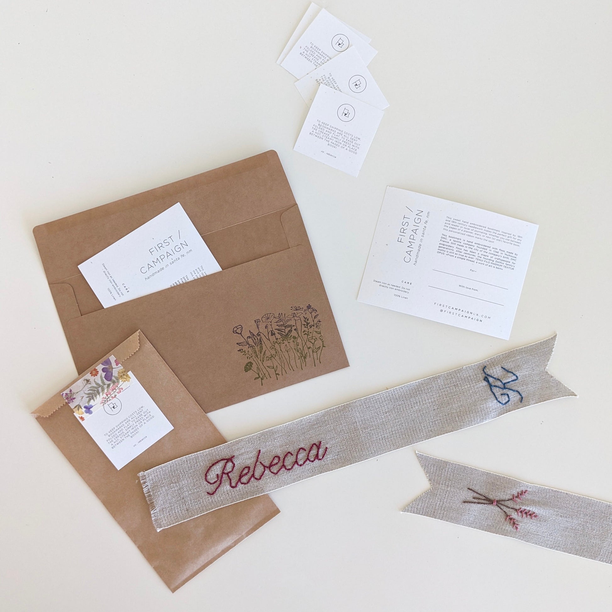 Hand embroidered linen ribbon bookmark with personalized name