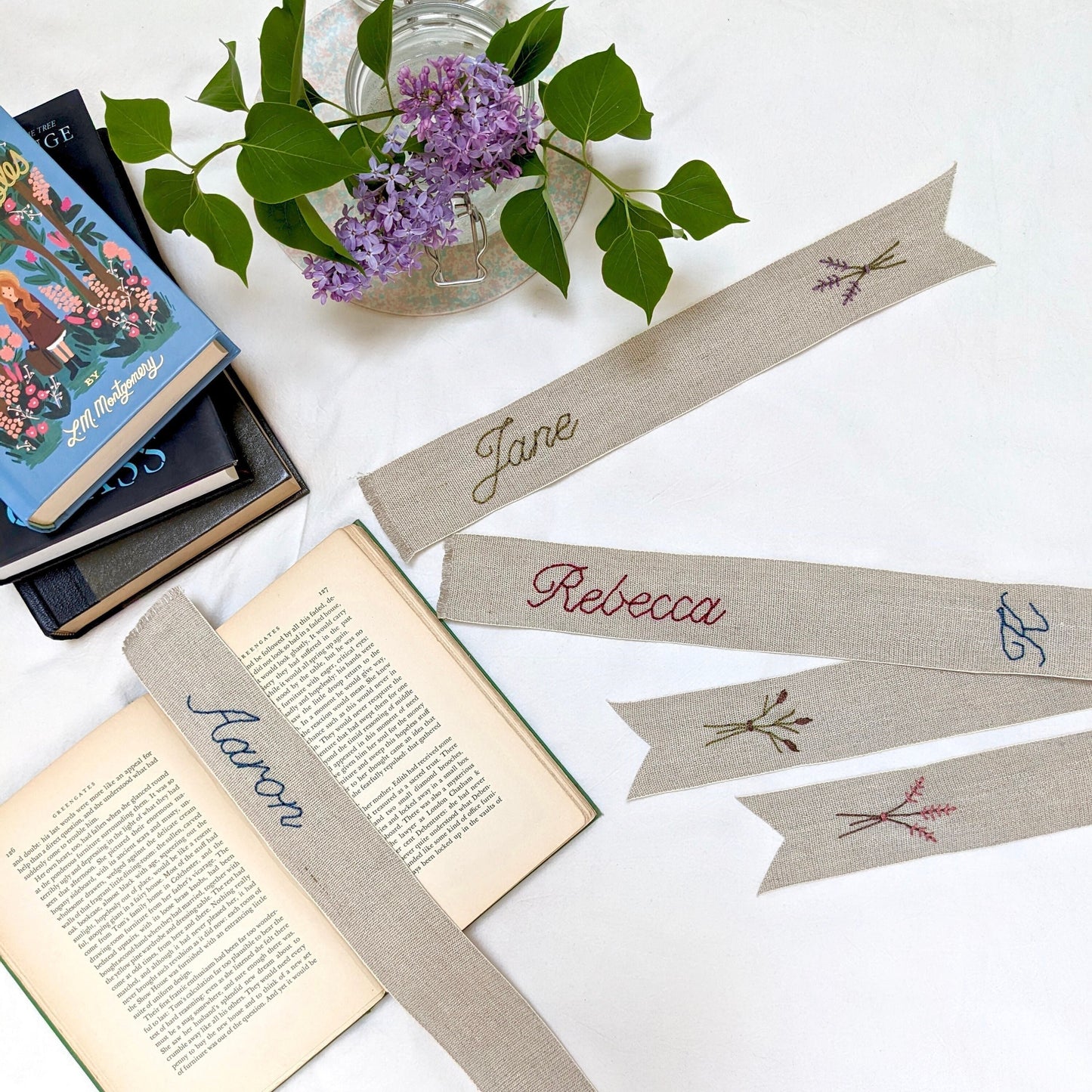 Hand embroidered linen ribbon bookmark with personalized name