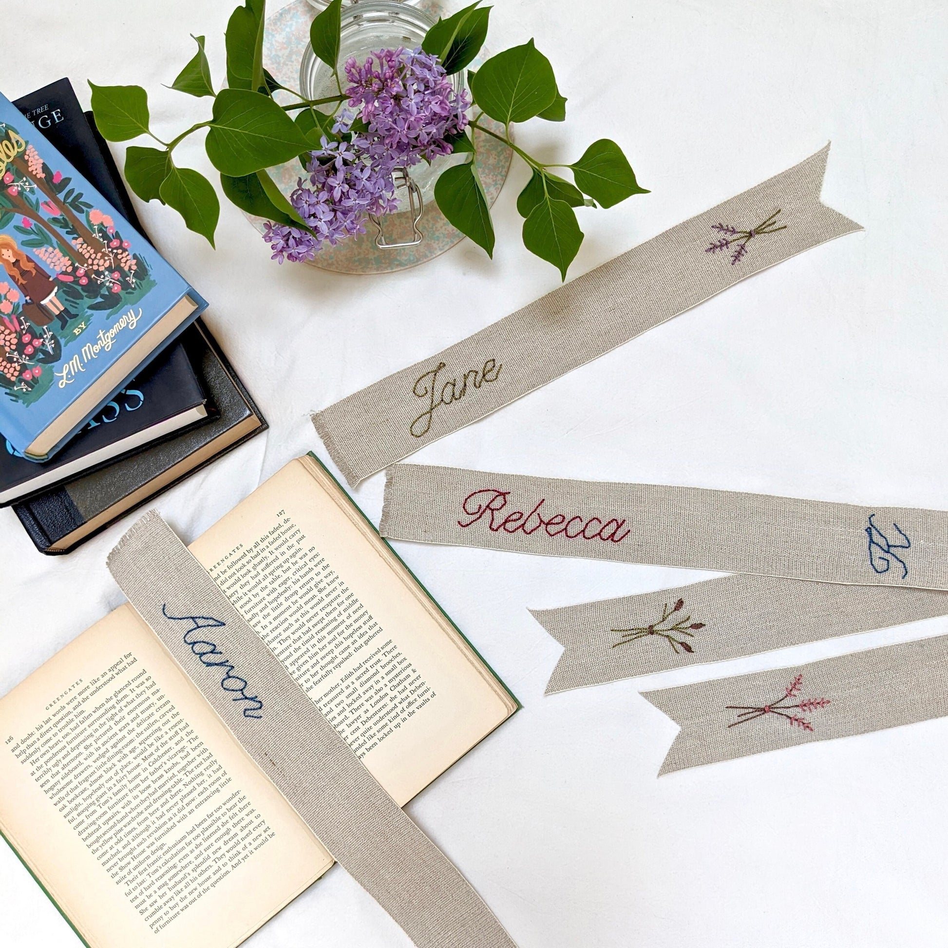 Hand embroidered linen ribbon bookmark with personalized name
