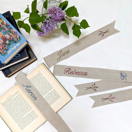 Hand embroidered linen ribbon bookmark with personalized name