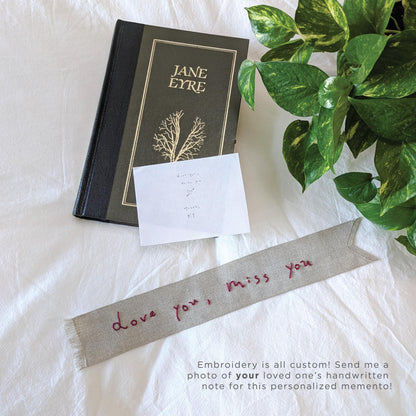 Custom linen ribbon bookmark hand embroidered in your handwriting