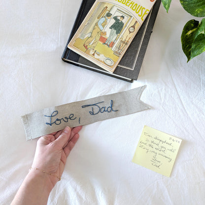 Custom linen ribbon bookmark hand embroidered in your handwriting