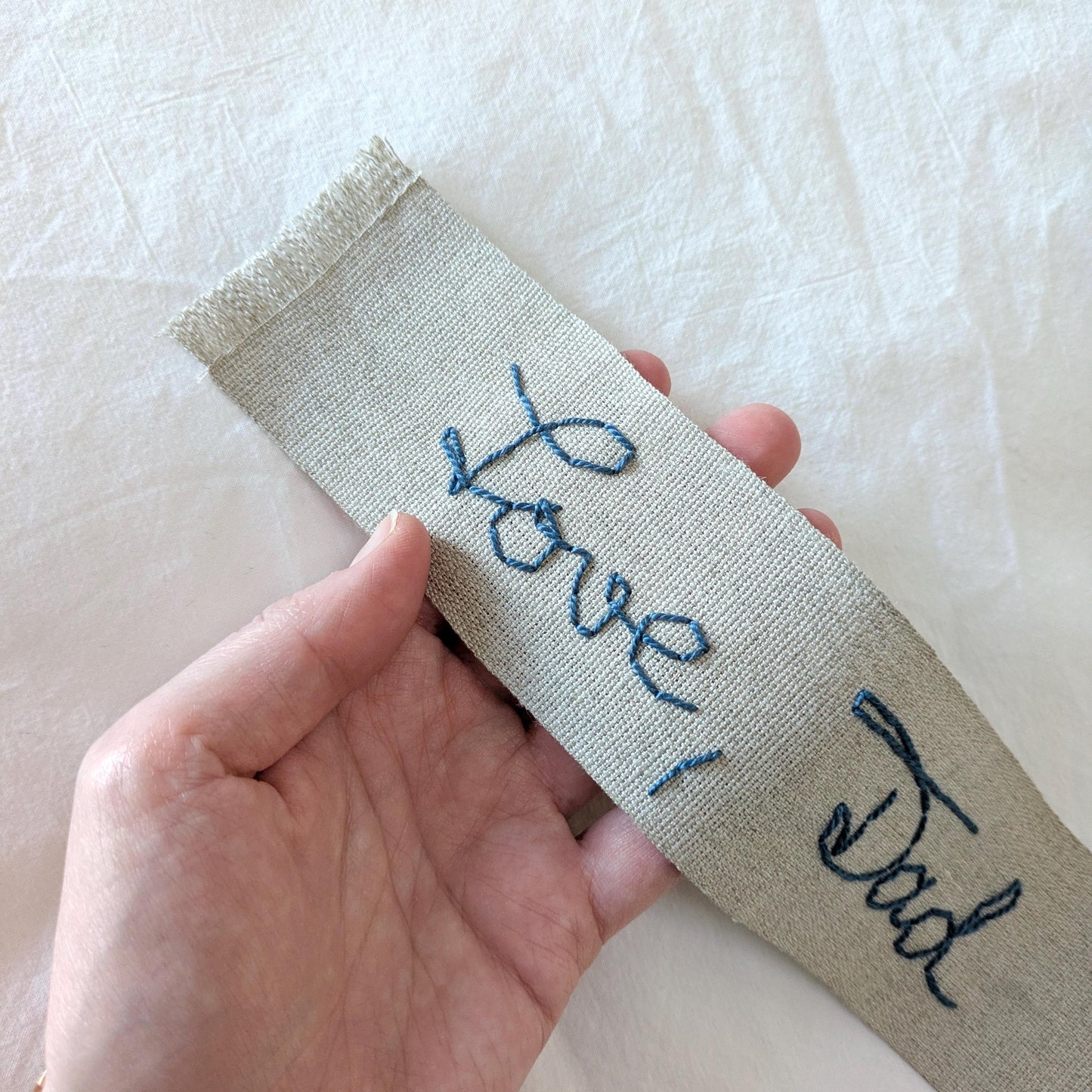 Custom linen ribbon bookmark hand embroidered in your handwriting