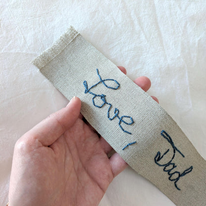 Custom linen ribbon bookmark hand embroidered in your handwriting