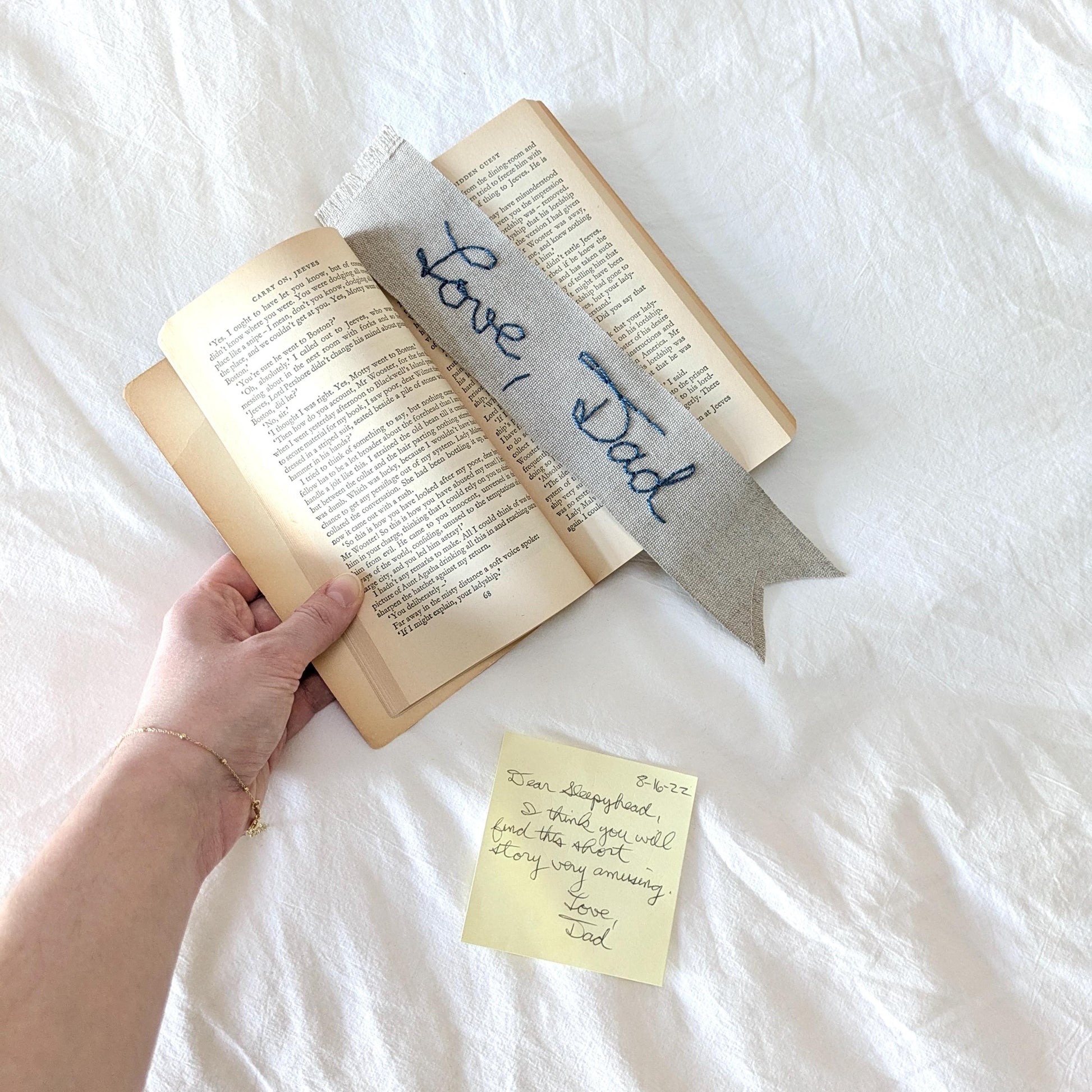Custom linen ribbon bookmark hand embroidered in your handwriting