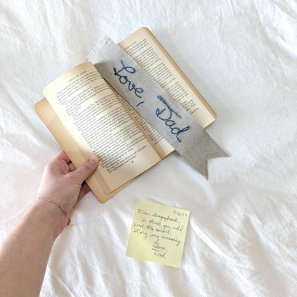 Custom linen ribbon bookmark hand embroidered in your handwriting