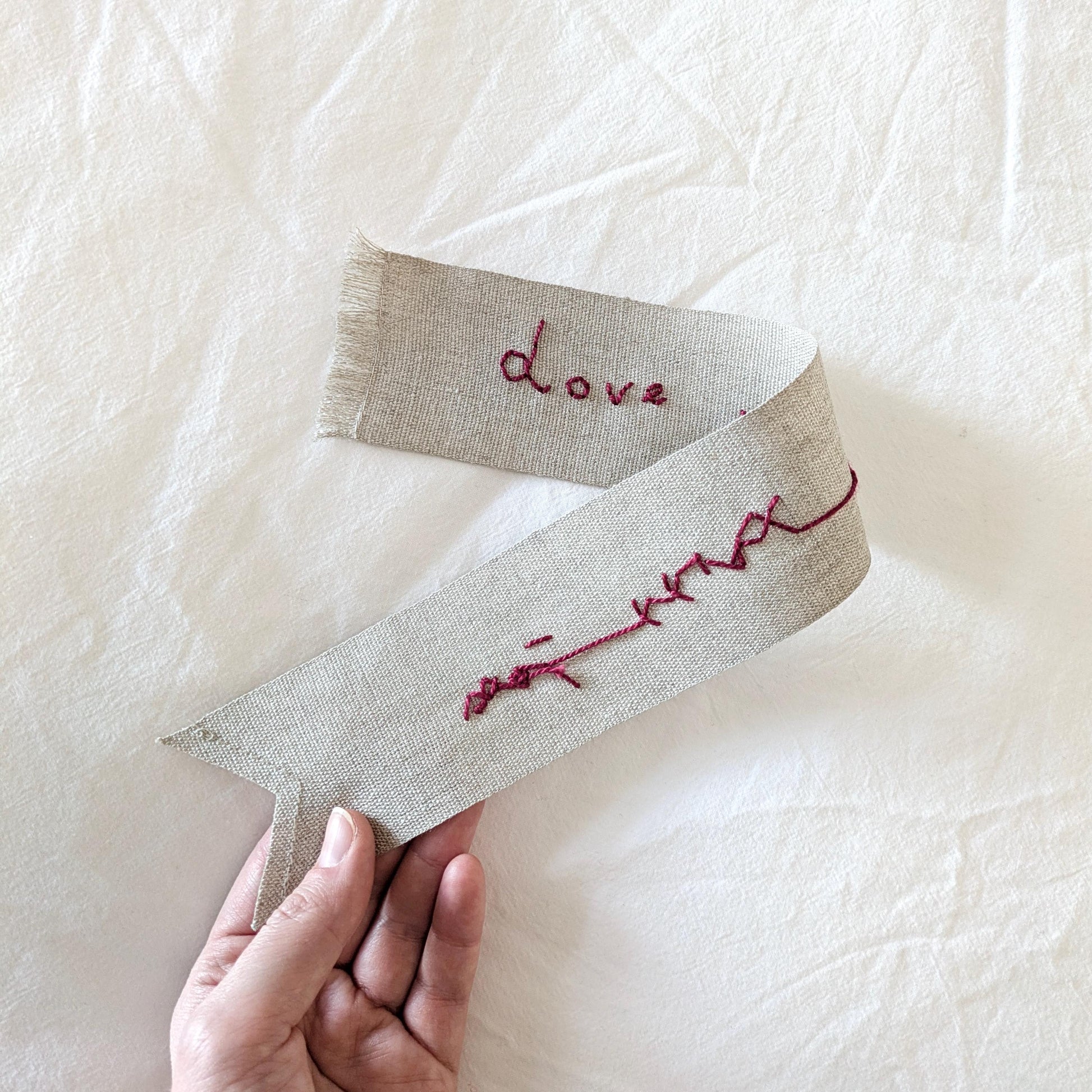 Custom linen ribbon bookmark hand embroidered in your handwriting