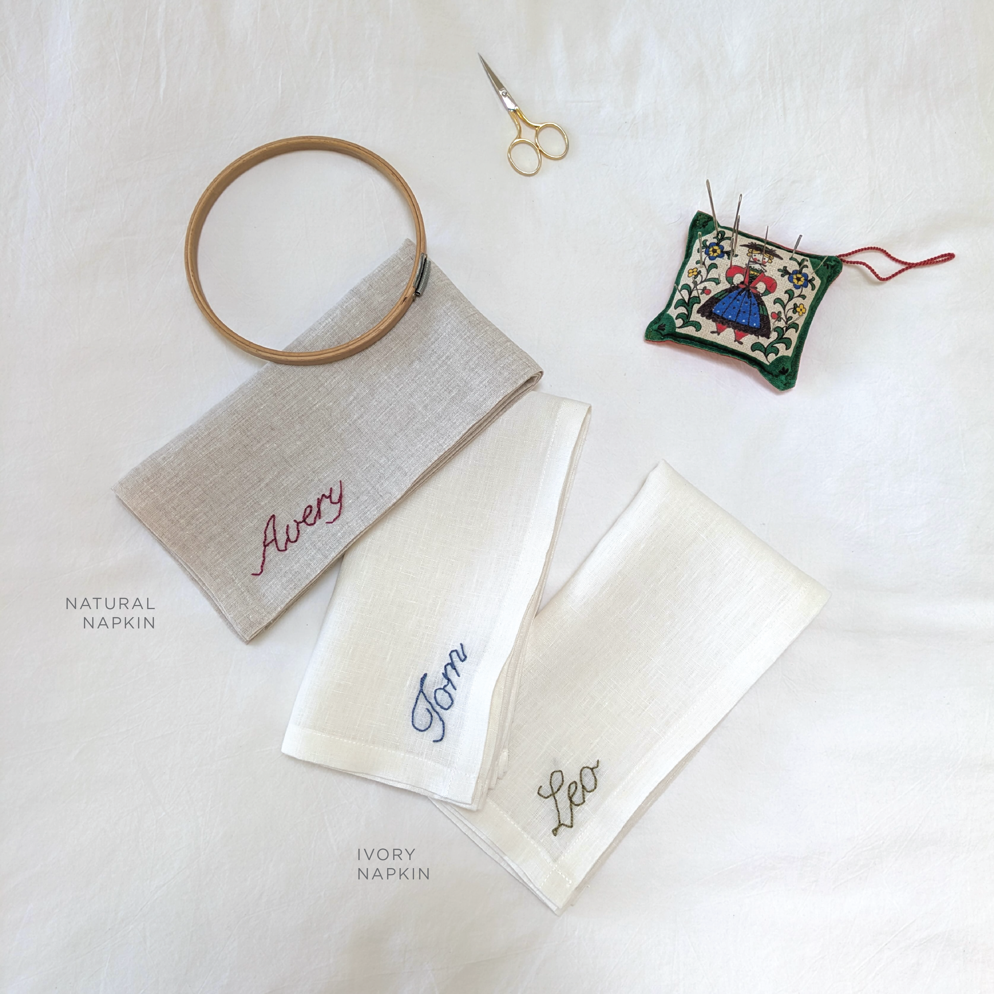 Hand embroidered personalized ivory natural 100% linen napkin with name
