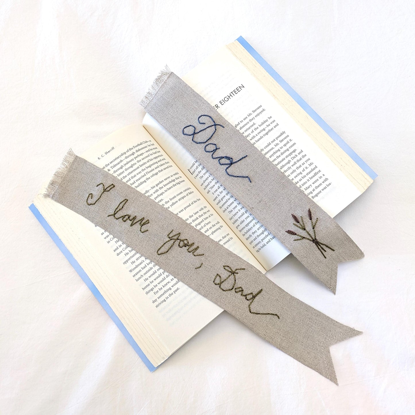 Hand embroidered linen ribbon bookmark that says Dad or a custom phrase in your handwriting