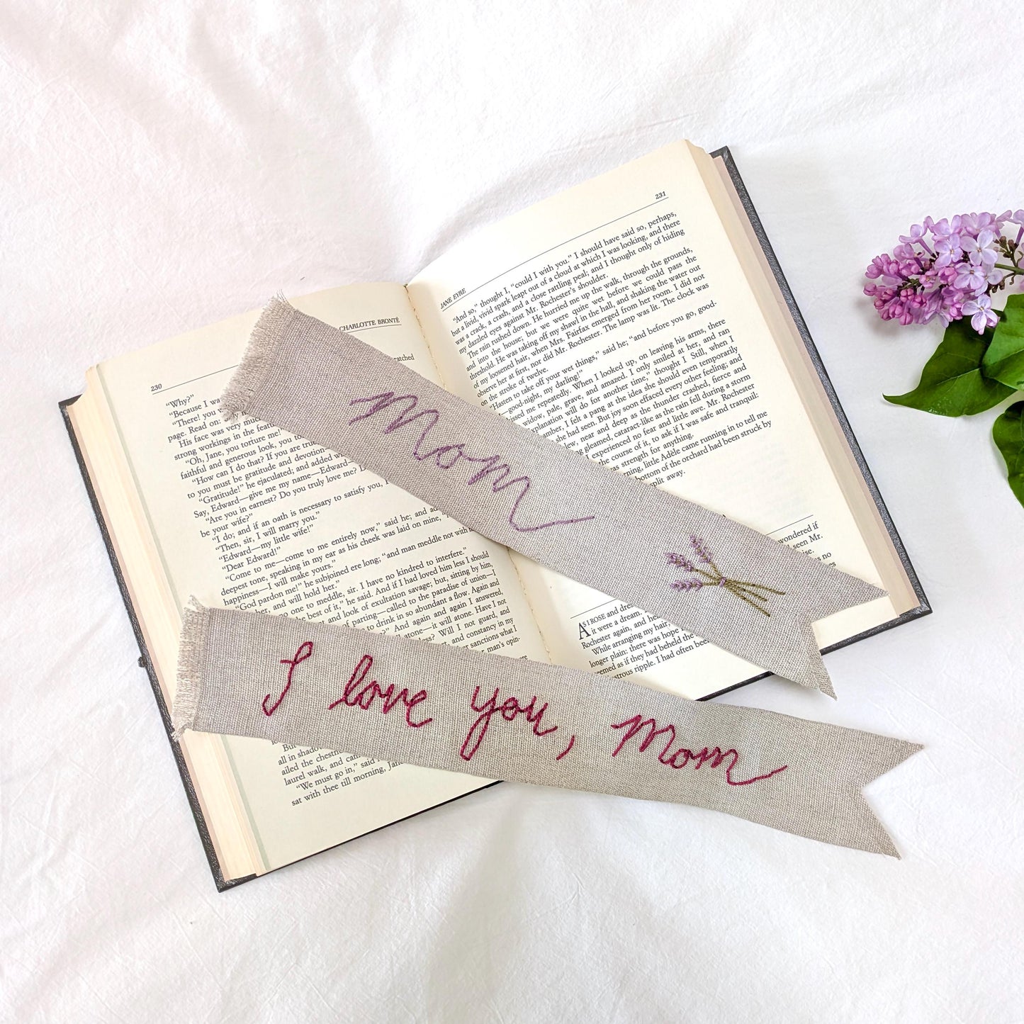 Hand embroidered linen ribbon bookmark that says Mom or a custom phrase in your handwriting