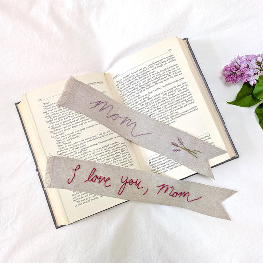 Hand embroidered linen ribbon bookmark that says Mom or a custom phrase in your handwriting