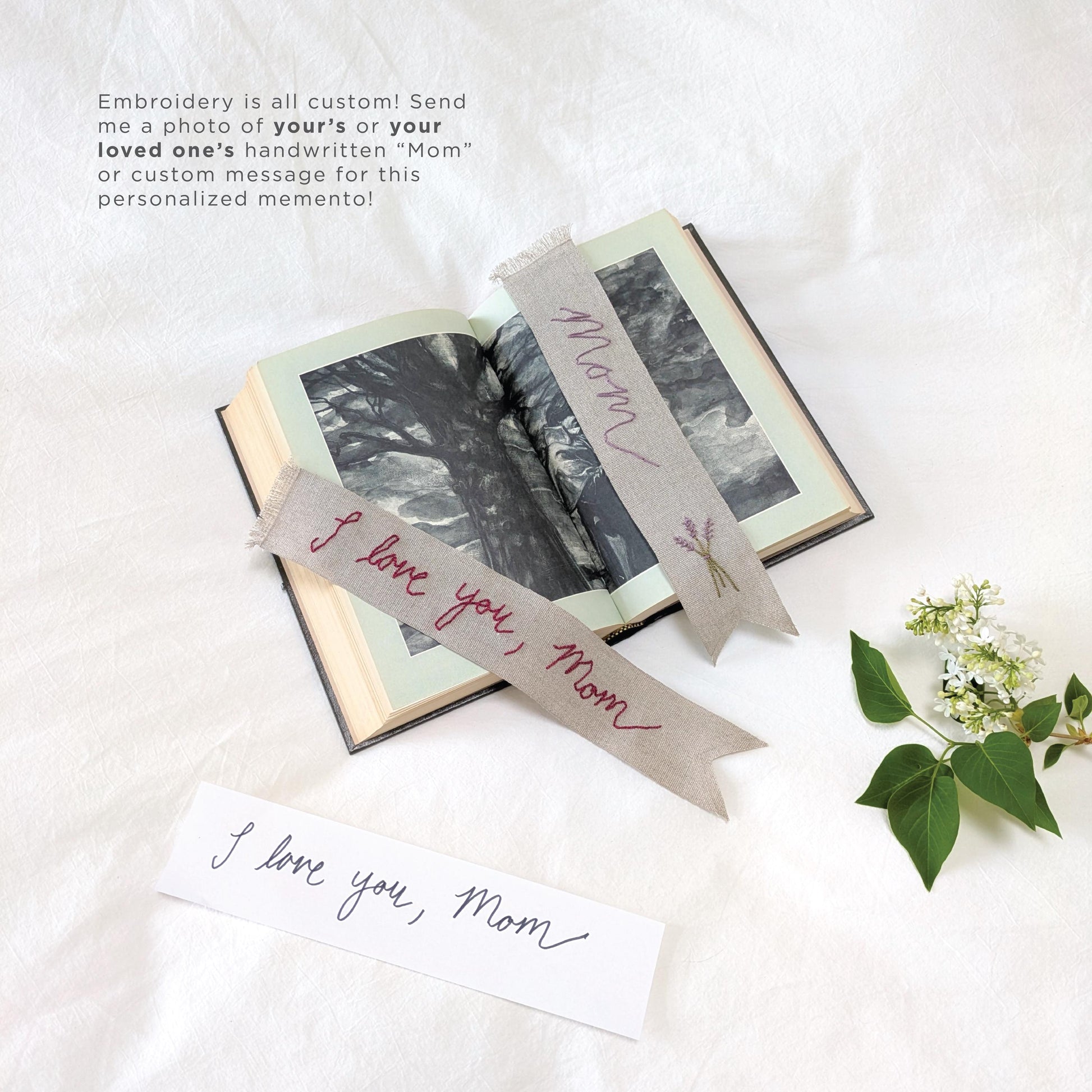 Hand embroidered linen ribbon bookmark that says Mom or a custom phrase in your handwriting