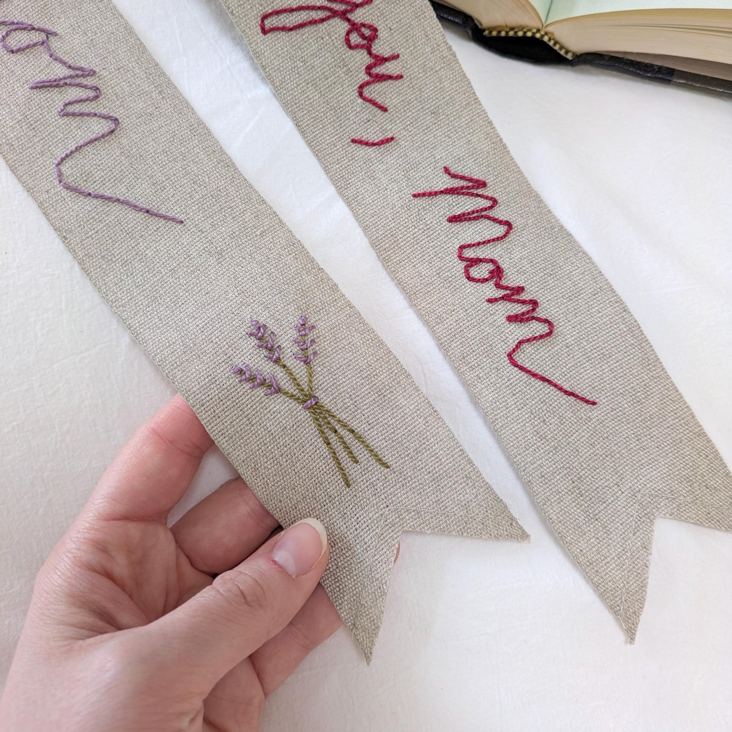 Hand embroidered linen ribbon bookmark that says Mom or a custom phrase in your handwriting