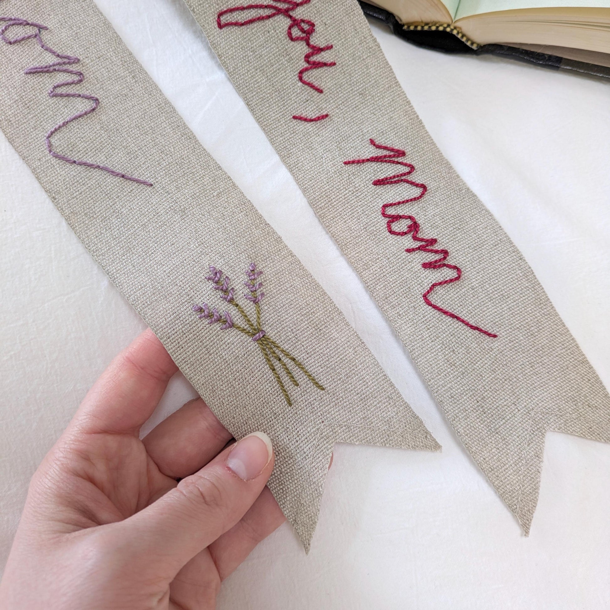 Hand embroidered linen ribbon bookmark that says Mom or a custom phrase in your handwriting