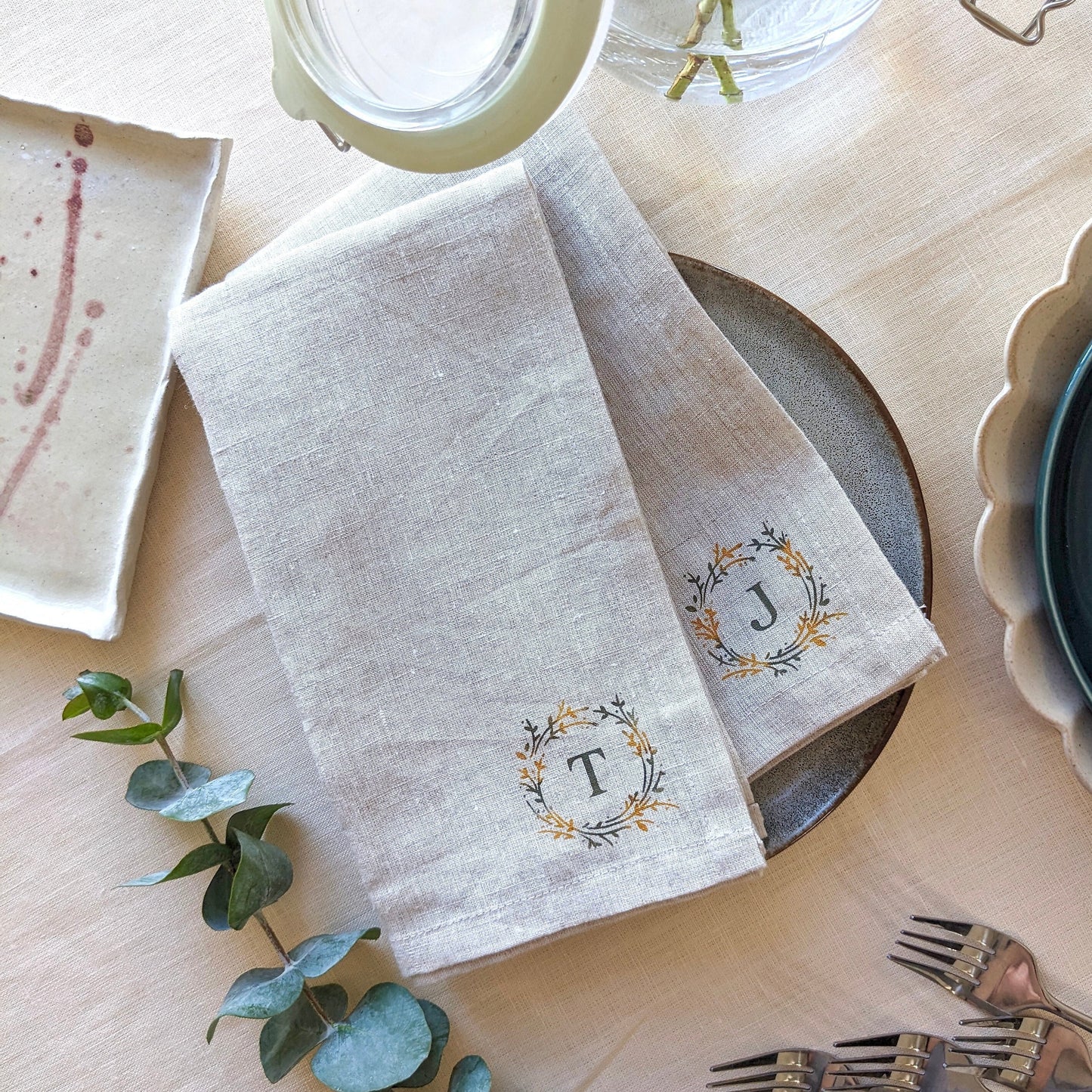Hand painted 100% linen napkins with monogram