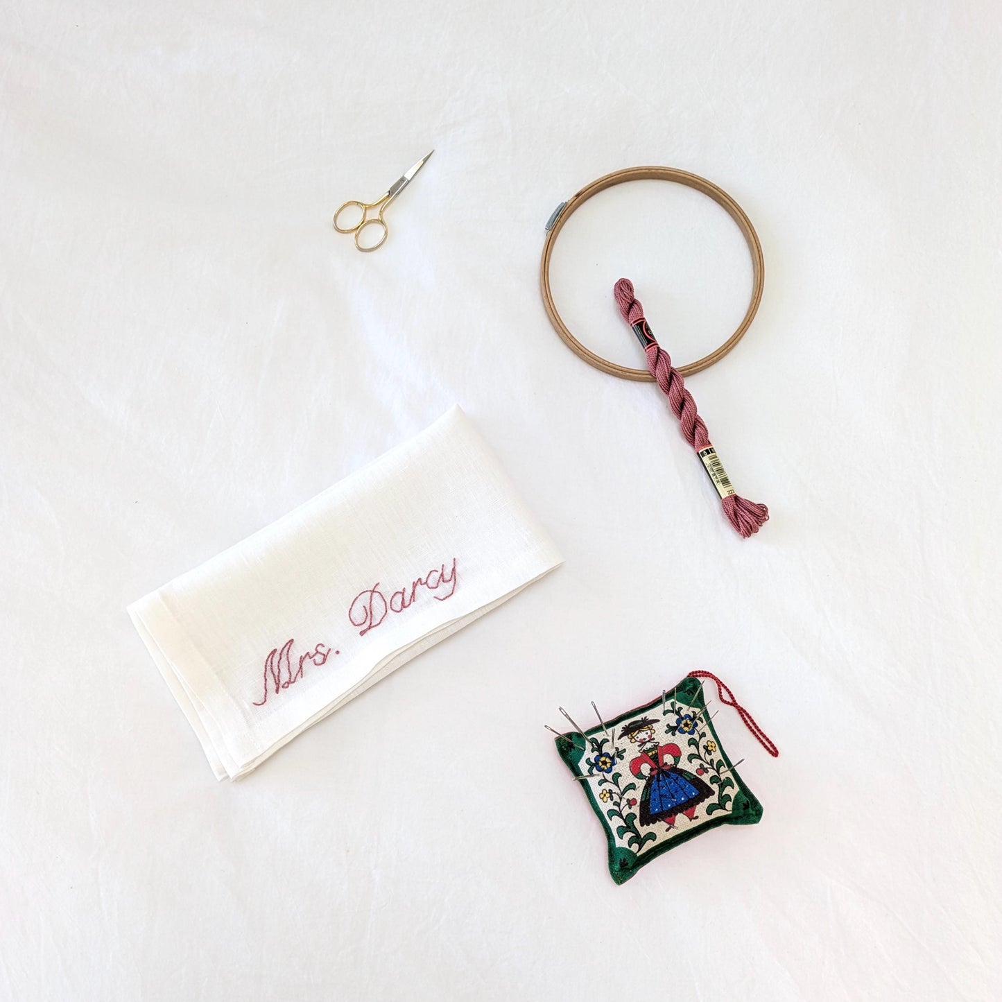 Hand embroidered linen napkin reading Mrs. (insert your name) for a bride or groom to be