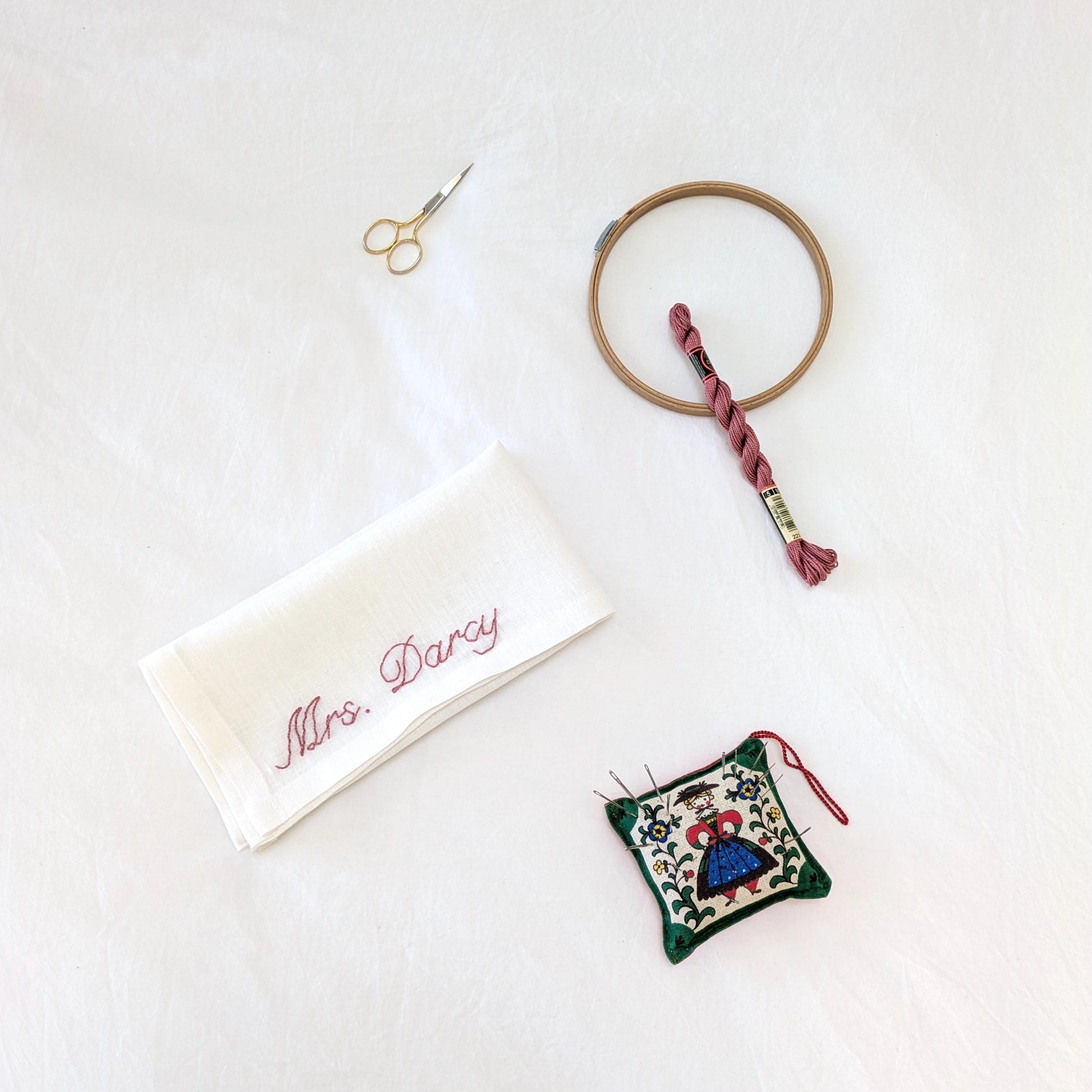 Hand embroidered linen napkin reading Mrs. (insert your name) for a bride or groom to be