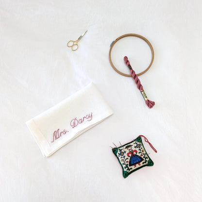 Hand embroidered linen napkin reading Mrs. (insert your name) for a bride or groom to be