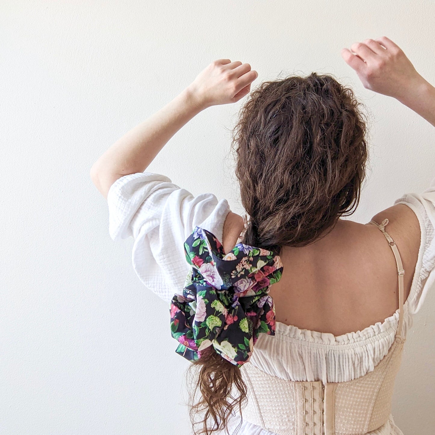 Oversized coquette floral scrunchie with black background
