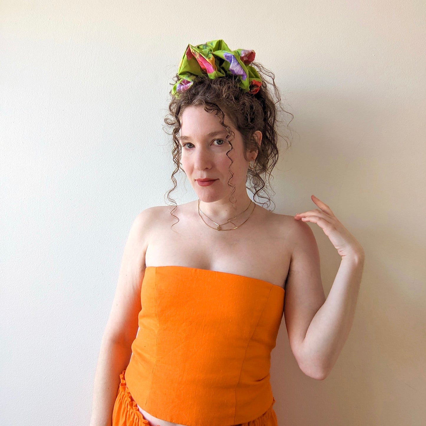 Oversized tropical floral print scrunchie in lime green