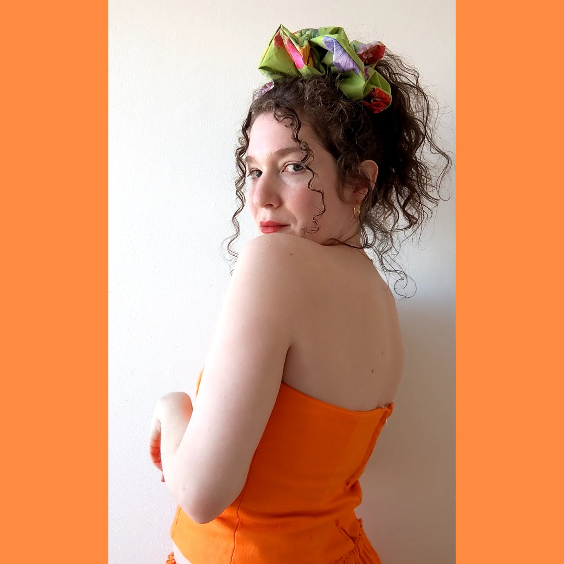 Oversized tropical floral print scrunchie in lime green