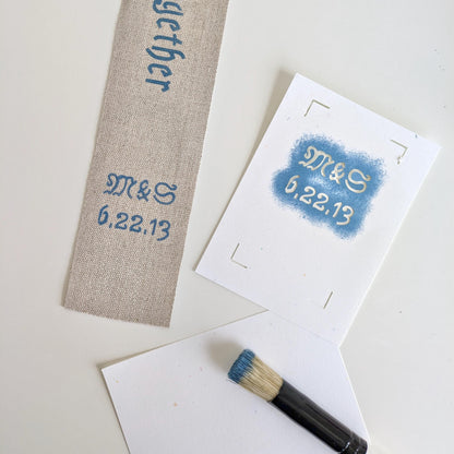 Hand painted linen ribbon bookmark that reads "To many more chapters together" with initials and wedding anniversary date